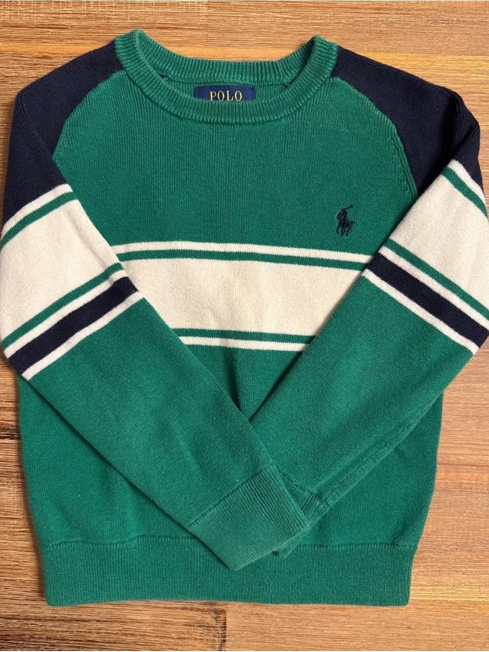 Polo by Ralph Lauren Green Navy White Stripe Raglan Crewneck Sweater size 4T